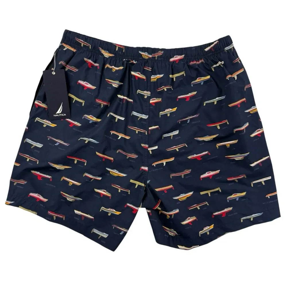 NEW Nautica Swim Trunk Shorts Men Large Navy Blue Sail Boats Liner Beach